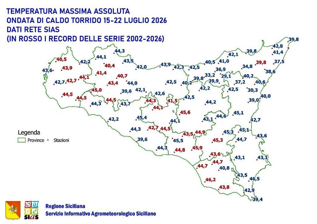Temperatura massima assoluta mensile rete SIAS luglio 2026